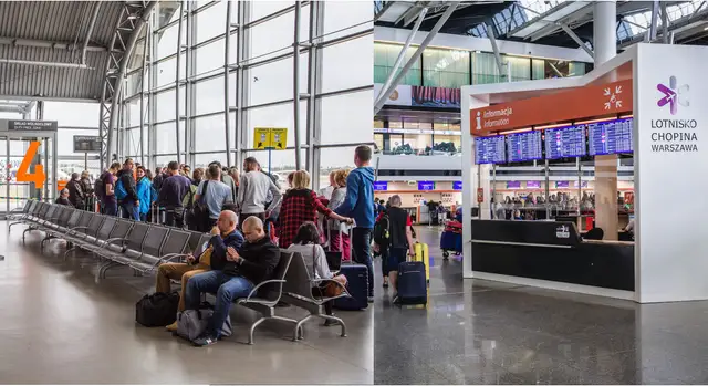 Ludzie czekają na lotnisku Chopina w Warszawie. W tle widać tablice odlotów, co sugeruje, że **sklepy na lotnisku są otwarte w nocy**, zapewniając podróżnym komfort.