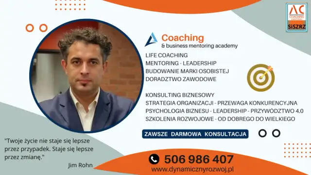 Portret mężczyzny w garniturze, logo "Coaching & business mentoring academy", cel z strzałką, cytat i dane kontaktowe.