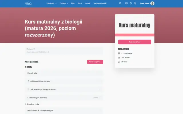 Kurs maturalny z biologii: 51 zagadnień, 295 tematów, 39 quizów.