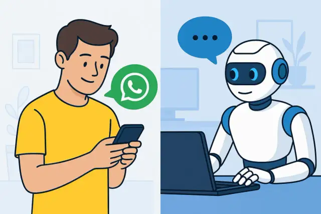 Mężczyzna z telefonem i zielonym dymkiem WhatsApp obok robota przy laptopie. Dowiedz się, jak wyłączyć tryb AI w telefonie.