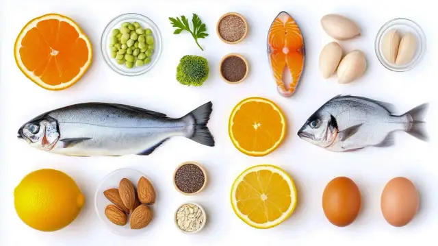 Różnorodne produkty spożywcze: ryby, owoce cytrusowe, orzechy, jajka, warzywa i nasiona.