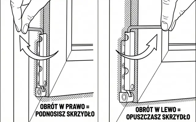 Regulacja docisku okna: obrót kluczem w prawo podnosi skrzydło, w lewo opuszcza.