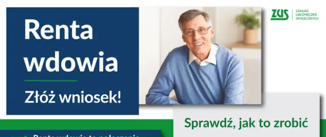 Uśmiechnięty starszy mężczyzna w okularach na tle napisu "Renta wdowia" i logo ZUS.