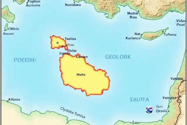 Mapa pokazuje, gdzie leży Malta, między Tunezją a Włochami. Widać archipelag z wyspami Gozo i Comino.