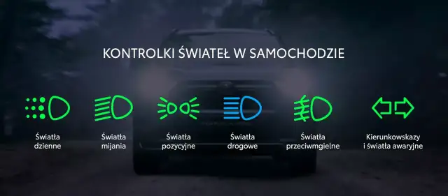 Ikony świateł w samochodzie: dzienne, mijania, pozycyjne, drogowe, przeciwmgielne, kierunkowskazy i awaryjne.