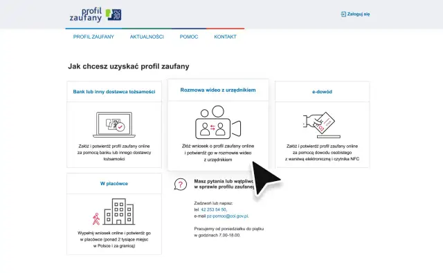 Jak założyć mBank profil zaufany? Wybierz opcję: bank, rozmowa wideo, e-dowód lub placówka.