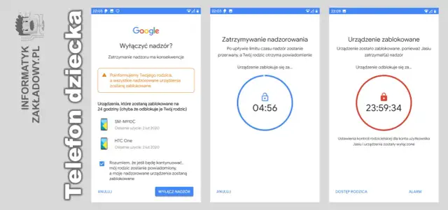 Ekran telefonu dziecka pokazuje, jak zrobić kontrolę rodzicielską. Urządzenie zablokowane na 23:59:34.