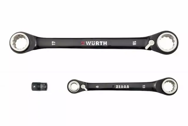 Dwa klucze nasadowe z grzechotką marek Würth i Zebra oraz nasadka.