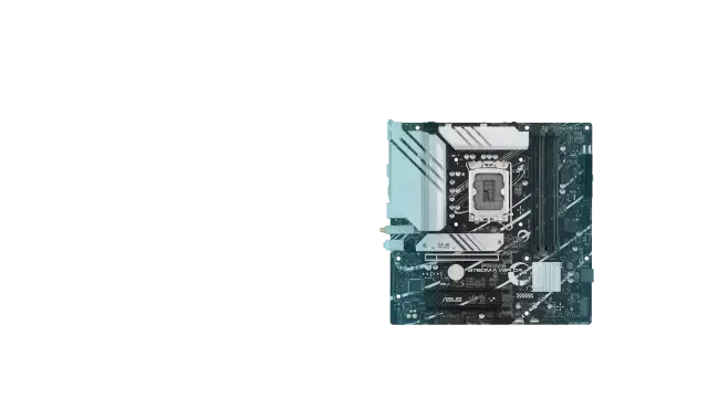 Płyta główna ASUS PRIME B760M-A WIFI D4 z gniazdem procesora, slotami RAM i radiatorem.