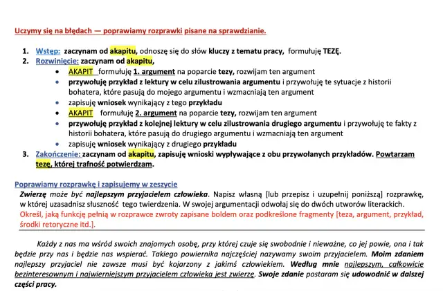 Fragment tekstu z instrukcjami pisania rozprawki, z wyróżnionymi słowami kluczowymi.