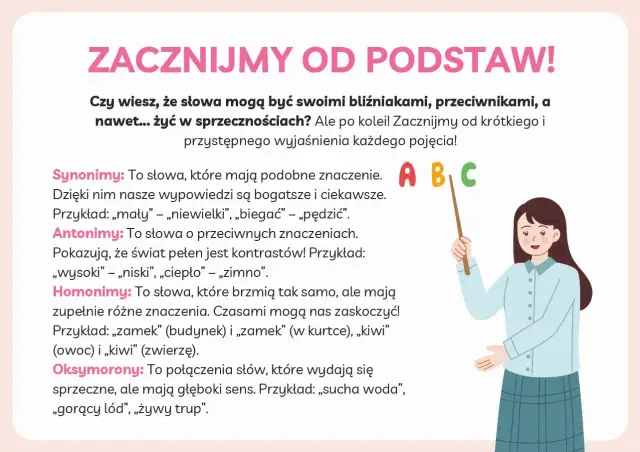 Oksymoron co to? To połączenie sprzecznych słów, np. „sucha woda” czy „gorący lód”. Obrazek wyjaśnia pojęcia językowe.