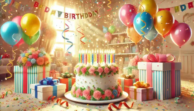 Wszystko gotowe na przyjęcie! Tort, balony, prezenty i życzenia urodzinowe.