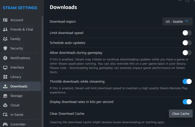 Ustawienia Steam: zakładka Pobieranie z opcjami regionu, prędkości i automatycznych aktualizacji.