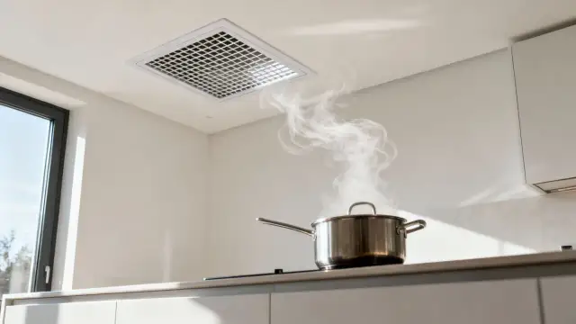 Para dowiedzieć się, jak zamontować kratkę wentylacyjną w kuchni, zobacz, jak para z garnka jest zasysana do sufitu.