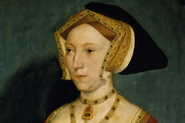 Portret Jane Seymour, królowej Anglii, w bogatym stroju i biżuterii.