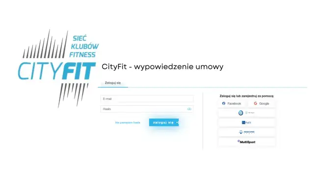 Logo CityFit i formularz logowania z opcjami Facebook, Google, PZU Sport, Fit Profit, Medicover Sport, MultiSport.