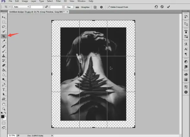 Widok Photoshopa z zaznaczonym narzędziem przycinania i obrazem kobiety z paprocią na plecach.