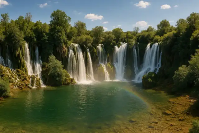 Malownicze **serbia krajobrazy** z kaskadowymi wodospadami, bujną zielenią i tęczą nad turkusową wodą.