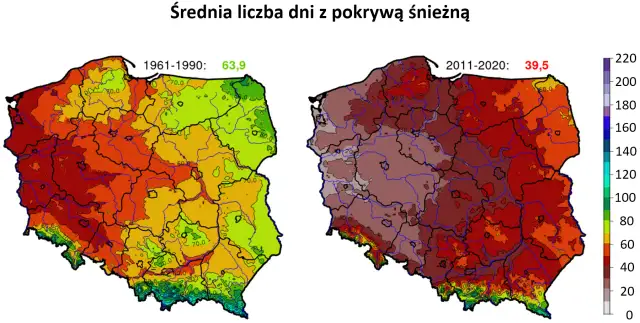 Dwie mapy Polski pokazujące średnią liczbę dni z pokrywą śnieżną w latach 1961-1990 i 2011-2020.