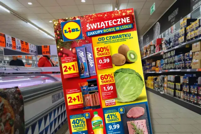 Ulotka promocyjna Lidla z produktami spożywczymi i zniżkami, w tle sklep.