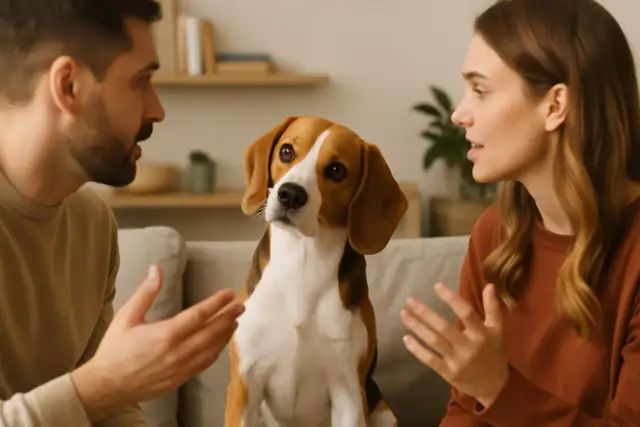 Beagle siedzi między parą, która dyskutuje. Czy pies rozumie ludzką mowę? Jego spojrzenie sugeruje, że tak.