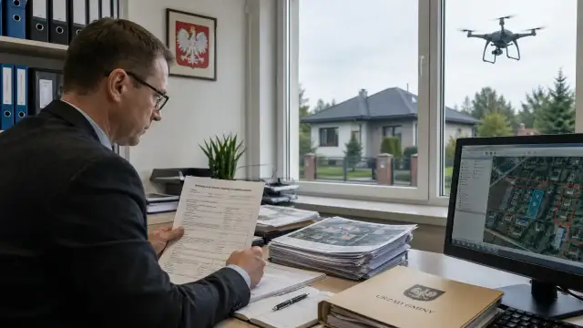 Urzędnik analizuje dokumenty dotyczące podatku od gruntu. W tle dron monitoruje teren, a na ekranie komputera widoczna jest mapa działek.