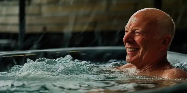 Uśmiechnięty starszy mężczyzna relaksuje się w wannie z hydromasażem.