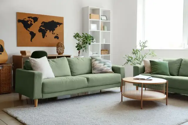 Jasna, zielona kanapa z poduszkami, stolik kawowy, regał i mapa świata na ścianie.
