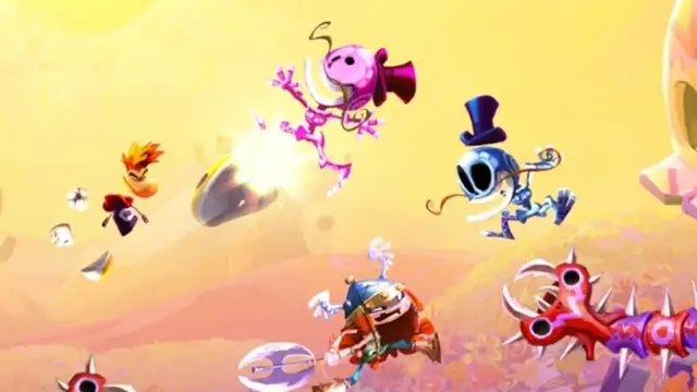 Kolorowa scena z gry Rayman, z postaciami w powietrzu i wrogami.