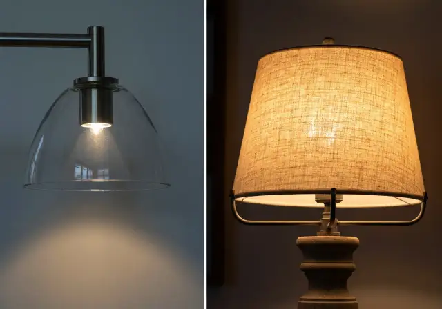 Szklany klosz lampy i abażur z tkaniny lnianej. Jaki materiał na abażur? Lniany daje ciepłe światło.