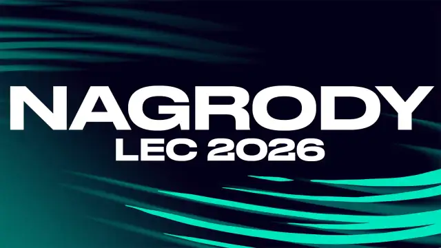 Napis "NAGRODY LEC 2026" na ciemnym tle z zielonymi pasami.