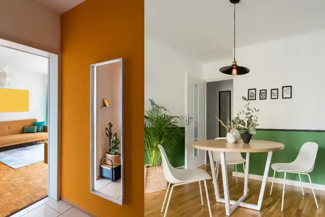 Pomysł na pomalowanie pokoju: pomarańczowy korytarz z lustrem i jadalnia z zieloną ścianą.