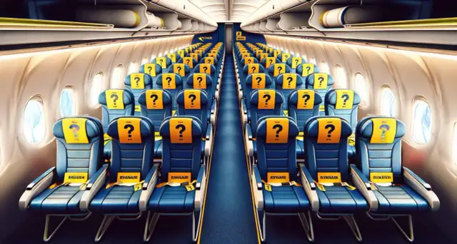 Puste miejsca w samolocie Ryanair, z żółtymi zagłówkami i znakami zapytania. Czekają na pasażerów.