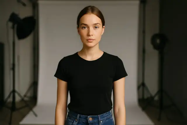 Młoda kobieta w czarnej koszulce i dżinsach pozuje w studiu fotograficznym.