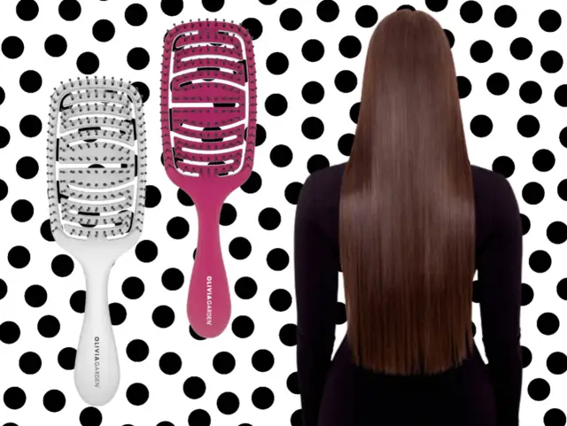 Dwie szczotki do włosów: biała i malinowa. Obok nich długie, proste, brązowe włosy. Jaka szczotka do włosów zapewni idealną fryzurę?