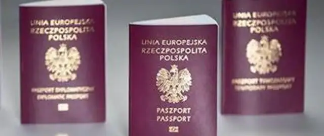 Trzy polskie paszporty w bordowych okładkach z godłem Polski.