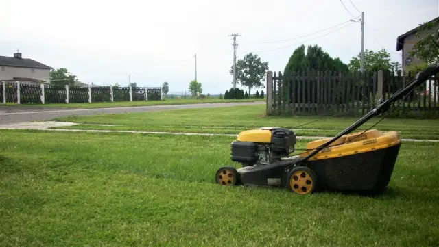 Kosiarka na zielonym trawniku, w tle płot i dom.