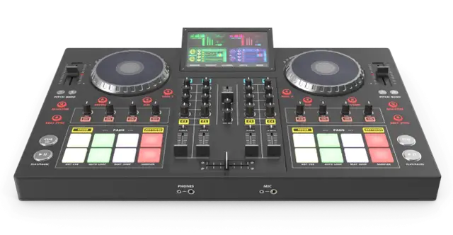 Profesjonalny kontroler DJ z dwoma deckami, padami i ekranem.