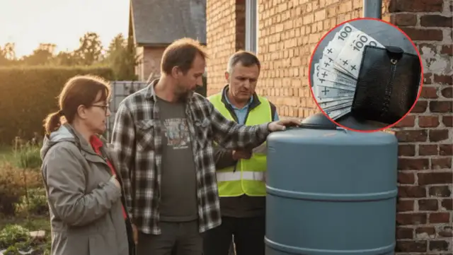 Trzy osoby przy szarej beczce na deszczówkę, w tle ceglany dom. W okręgu portfel z pieniędzmi.