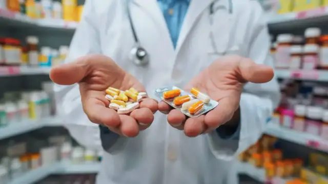 Farmaceuta trzyma w dłoniach tabletki i kapsułki w blistrze.