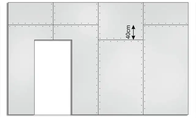 Ściana z płyt g-k z otworem drzwiowym i wymiarem 40cm.