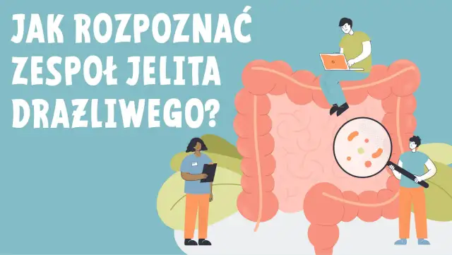Ilustracja pokazuje jak rozpoznać zespół jelita drażliwego. Lekarze badają jelita pod lupą, szukając przyczyn problemów.