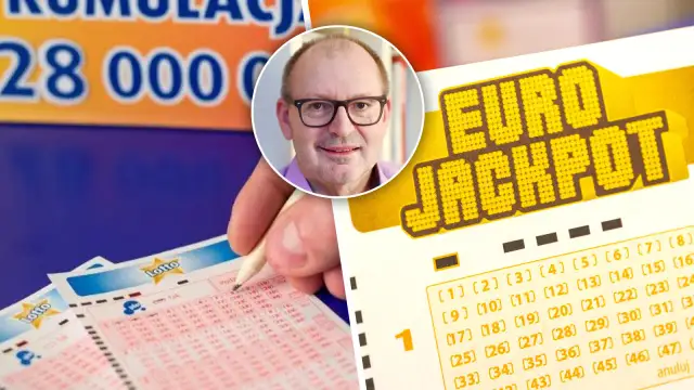 Mężczyzna z okularami wypełnia kupon Lotto, obok widoczny napis "EURO JACKPOT". To szansa na wygraną w loterii promocyjnej.
