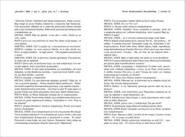 Fragment tekstu z książki "Miron Białoszewski Kalejdoskop", dialog między poetą a Michałem Aniołem o sztuce i inspiracjach.