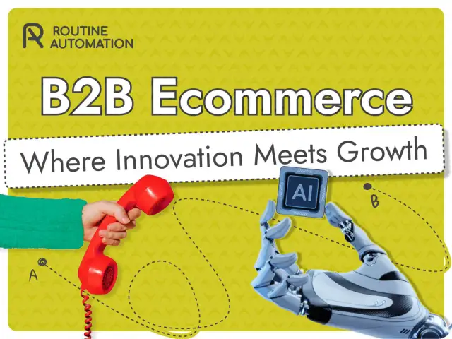 Ręka trzymająca słuchawkę telefoniczną i robot podający chip AI symbolizują innowacje w e-commerce B2B.