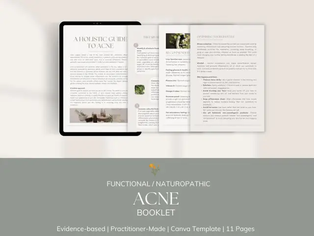 Otwarta książka z tekstem o trądziku i zdjęciem ziół i buteleczek z olejkami.