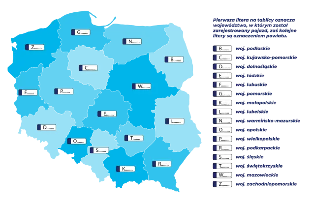 Mapa Polski z zaznaczonymi województwami i ich literowymi oznaczeniami, które tworzą stare tablice rejestracyjne wykaz.