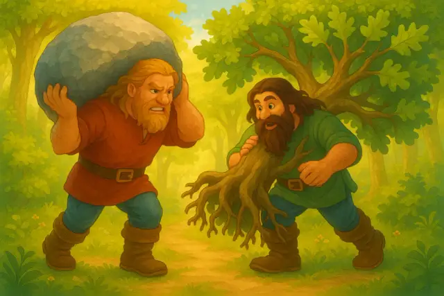 Waligóra z kamieniem na plecach i Wyrwidąb z wyrwanym drzewem, jak w baśni o ich sile.