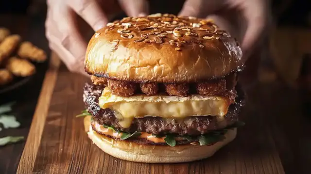 Pyszny cheeseburger z serem camembert i chrupiącymi dodatkami. Idealny, gdy zastanawiasz się, jak zrobić cheeseburgera z MC.