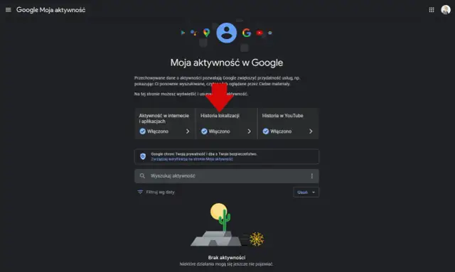 Strona Moja aktywność Google. Możesz tu zarządzać historią lokalizacji, YouTube i innymi. Ułatwia to usuwanie aktywności Google.